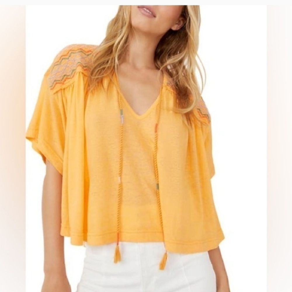 NWOT Free People Market Embroidered V-Neck Flowy Top in Carrot Ginger Yellow S